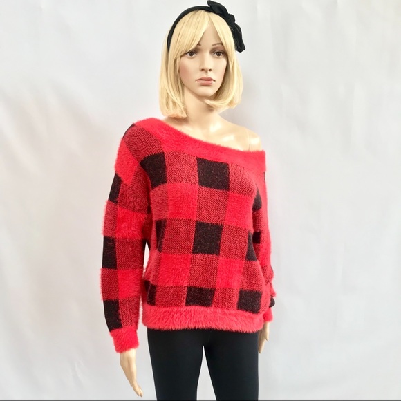 🔥NWT Express Red & Black Off-The-Shoulder Sweater - Picture 5 of 8